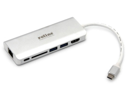 Roline USB-C docking station, 4K HDMI, 2×USB 3.0/3.2 Gen 1, 1×SD/TF čitač kartica, 1×USB-C power, 1×G-LAN