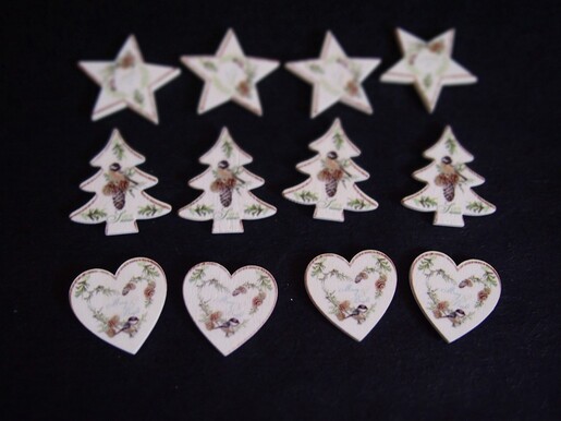 Božićni ukras, naljepnica bor/srce/zvijezda 4cm - 12kom
