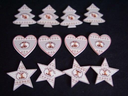 Božićni ukras, naljepnica bor/srce/zvijezda 4.5cm - 12kom