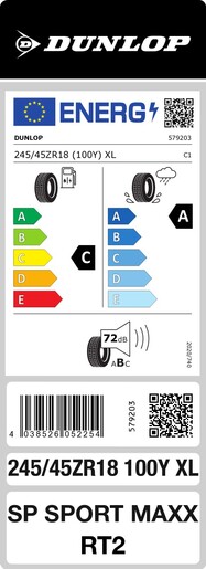 Dunlop 245/45R18 100Y Sport Maxx RT2  XL MFS, Pot: C, Pri: A, Buka: 72 dB
