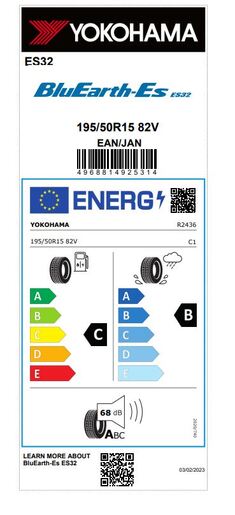 Yokohama 195/50R15 82V BluEarth ES-32, Pot: C, Pri: B, Buka: 68 dB