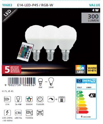 ŽARULJA LED, SET 3 KOM, E14 ,3X4W, 3000K, 300 lm, RGB-BIJELA DIMABILNA