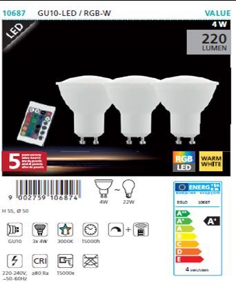 ŽARULJA LED, SET 3 KOM, GU10, 3X4W, 3000K, 220lm, RGB-BIJELA DIMABILNA