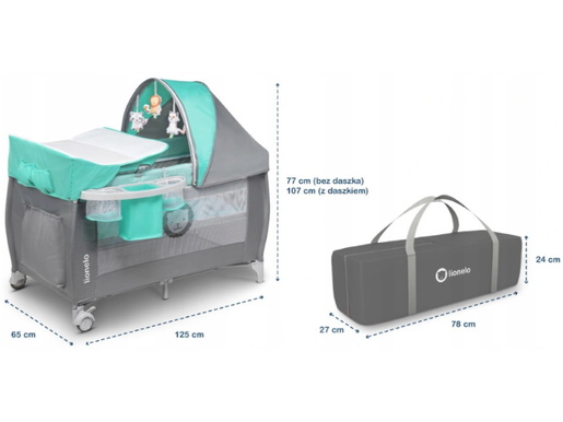 Lionelo dječji prijenosni krevetić Sven PLUS siva-tirkiz