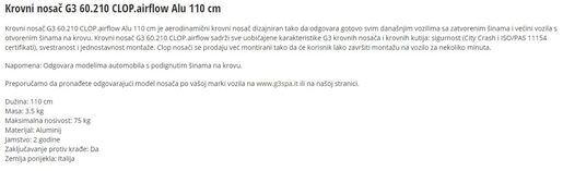 G3 krovni nosač CLOP Airflow aluminij 110cm, za integrirane odvojene uzdužne vodilice