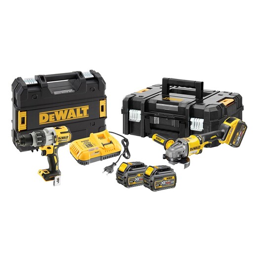 DEWALT aku set udarna bušilica/odvijač DCD996 + akumulatorska Flexvolt kutna brusilica 2x 54V 6.0 Ah DCG414 + punjač + 2 TSTAK kofera
