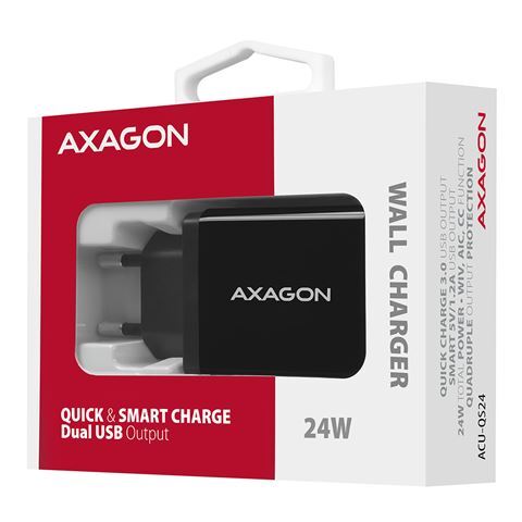 AXAGON ACU-QS24 zidni punjač 1x USB-A QC 3.0 i 1x 1,2A, 24W, crni
