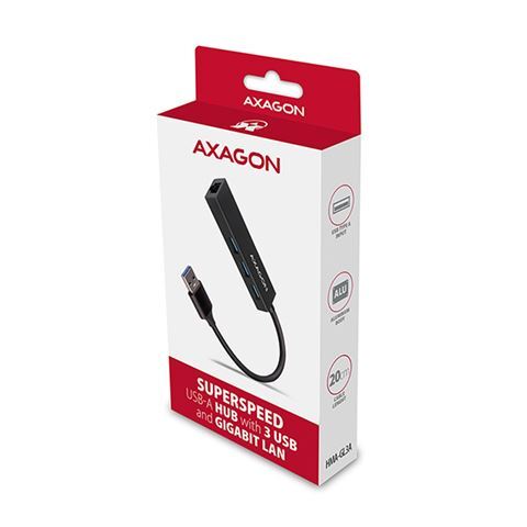 AXAGON USB HUB, 3x USB-A + GLAN, 20cm, metal (HMA-GL3A)