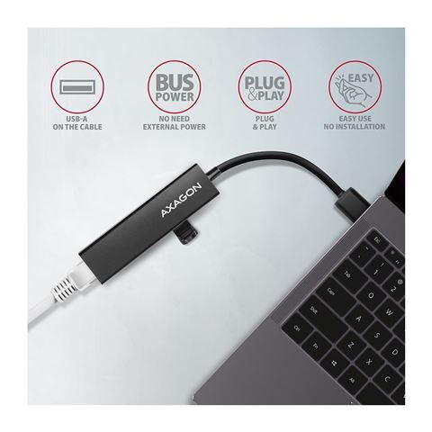 AXAGON USB HUB, 3x USB-A + GLAN, 20cm, metal (HMA-GL3A)