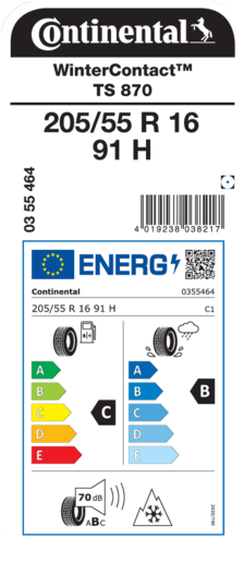 Continental 205/55R16 91H WinterContact TS870 M+S ,Pot: C, Pri: B, Buka: 70 dB