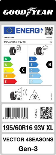 Goodyear 195/60R16 93V VECTOR 4SEASONS G3 XL TL, Pot: C, Pri: B, Buka: 70 dB