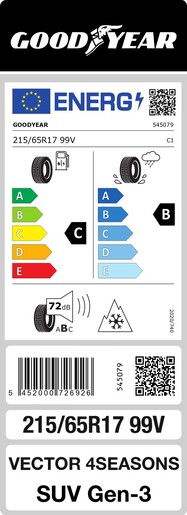 Goodyear 215/65R17 99V VECTOR 4SEASONS G3 SUV TL, Pot: C, Pri: B, Buka: 72 dB
