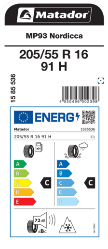 Matador 205/55R16 91H MP93 Nordicca TL, Pot: C, Pri: C, Buka: 72 dB