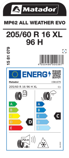 Matador 205/60R16 96H MP62 All Weather EVO XL TL, Pot: E, Pri: C, Buka: 72 dB