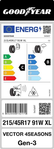 Goodyear 215/45R17 91W VEC4SEASONS G3 XL FP TL, Pot: C, Pri: B, Buka: 70 dB