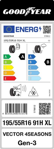 Goodyear 195/55R16 91H VECTOR 4SEASONS G3 XL PE OP TL, Pot: A, Pri: B, Buka: 72 dB