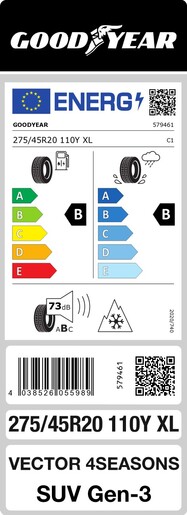 Goodyear 275/45R20 110Y VECTOR 4SEASONS G3 SUV XL FP TL, Pot: B, Pri: B, Buka: 73 dB