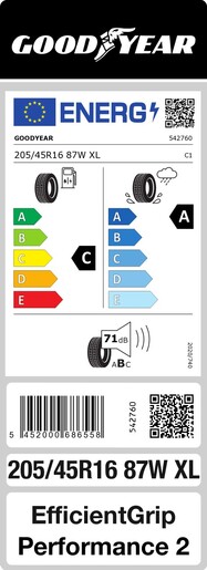 Goodyear 205/45R16 87W EfficientGrip Performance 2 XL FP TL, Pot: C, Pri: A, Buka: 71 dB