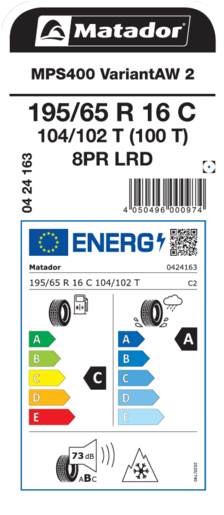 Matador 195/65R16C 104/102T MPS400 VARIANT AW 2 TL, Pot: C, Pri: A, Buka: 73 dB