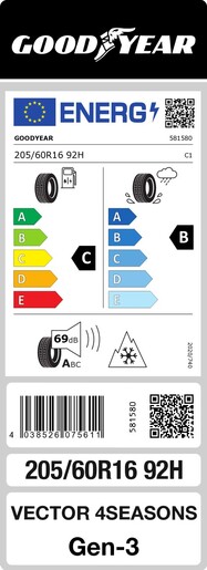 Goodyear 205/60R16 92H VEC 4SEASONS G3 TL, Pot: C, Pri: B, Buka: 69 dB