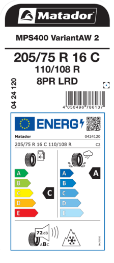 Matador 205/75R16C 110/108R MPS400 VARIANT AW 2 TL, Pot: C, Pri: A, Buka: 72 db