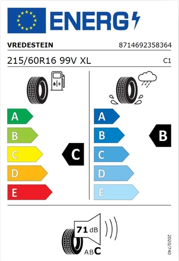 Vredestein 215/60R16 QUATRAC 99V XL , Pot: C, Pri: B, Buka: 71 dB