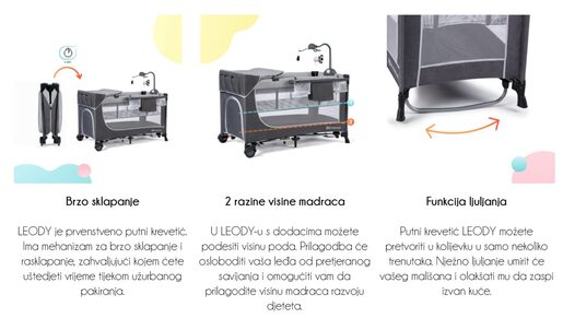 Kinderkraft Putni krevetić LEODY s dodacima, siva