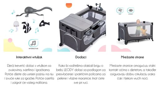Kinderkraft Putni krevetić LEODY s dodacima, siva