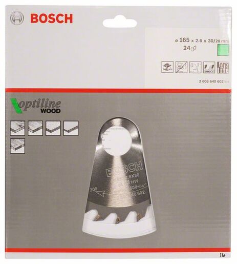 BOSCH List kružne pile Optiline Wood 165x2,6 / 1,6x30 / 20 mm, Z=24, ATB