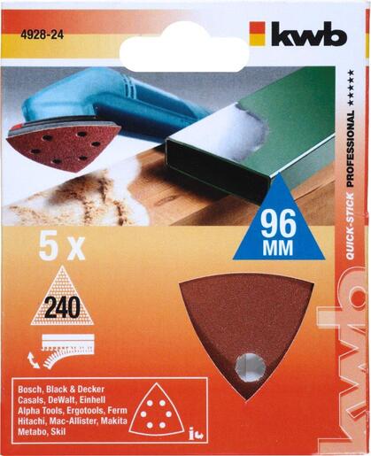 KWB Samoljepivi brusni papir za drvo i metal, trokutni 96 mm, GR 240, 5/1, QUICK-STICK
