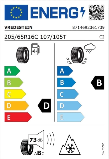 Vredestein 205/65R16C COMTRAC 2 WINTER+ 107/105T, Pot: D, Pri: B, Buka: 73 dB