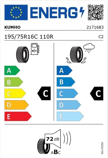 Kumho 195/75R16C PORTRAN KC53 110R, Pot: C, Pri: C, Buka: 72 dB