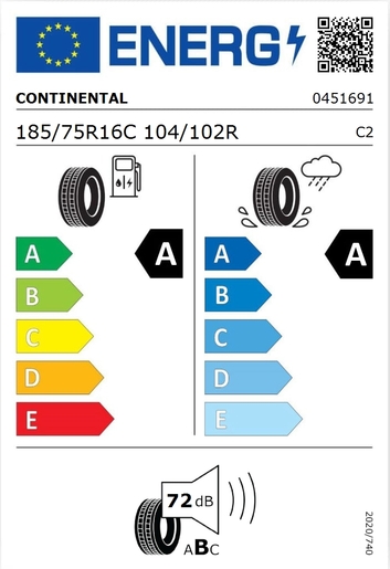Continental 185/75R16C VANCONTACT ECO 104/102R , Pot: A, Pri: A, Buka: 72 dB
