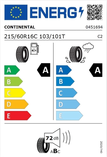 Continental 215/60R16C VANCONTACT ECO 103/101T , Pot: A, Pri: A, Buka: 72 dB