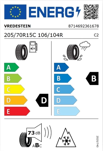 Vredestein 205/70R15C COMTRAC 2 ALL SEASON+ 106/104R, Pot: D, Pri: B, Buka: 73 dB