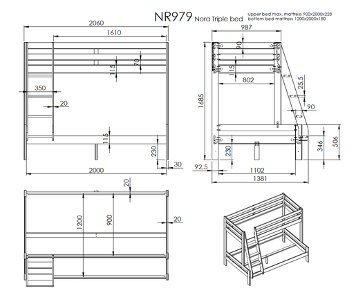 Drveni dječji krevet na kat Nora Family s dvije ladice - bijeli - 90/120x200 cm