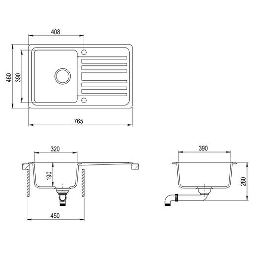 Notus SQ101-W sudoper + SHR J slavina, metallic crna, set