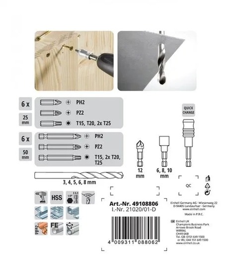 EINHELL TC-CD 18/35 Li (1x1,5 Ah), aku bušilica u setu + Set svrdla i bitova 24/1, u plastičnom kovčegu