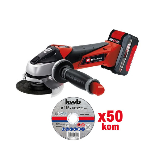 EINHELL akumulatorska brusilica set  TE-AG 18/115 Li Kit (1x4.0 Ah), aku brusilica u setu + KWB OPP tanka rezna ploča 115x1,0 mm (50 kom)