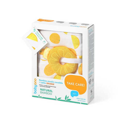 BabyOno Swaddles tetra pelene za povijanje + zvečka, naranča