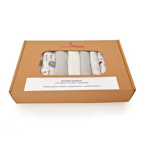 SuperMami set od 9 pelena - flanel, tetra, bambus