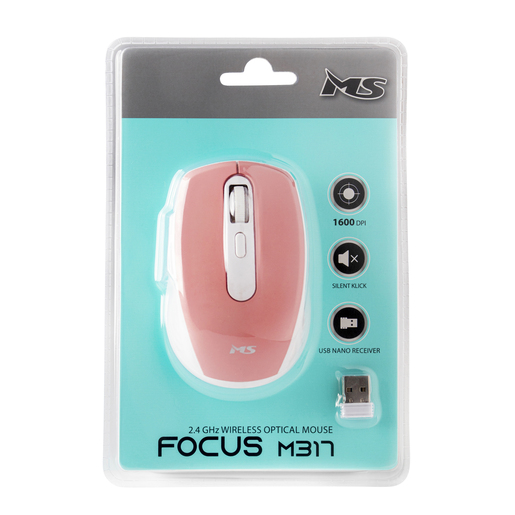 MS FOCUS M317 optički bežični miš, 1600DPI, rozi