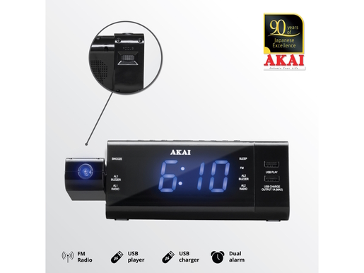 AKAI radio budilica s projektorom, FM/AM radio, LCD, USB MP3 + USB punjač ACR-3888