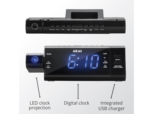 AKAI radio budilica s projektorom, FM/AM radio, LCD, USB MP3 + USB punjač ACR-3888