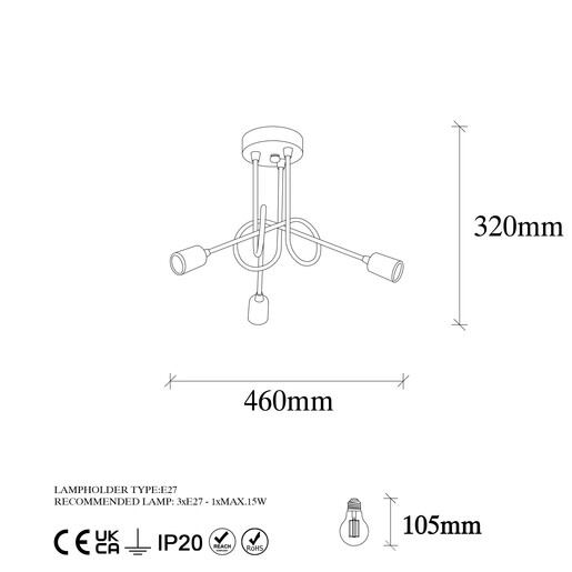 Stropna svjetiljka VIRAJ, 3 x E27, crno/zlatna