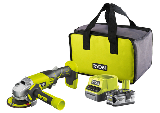 RYOBI akumulatorska kutna brusilica R18AG-140S - 18V ONE+, 115mm,  1 x akumulator 4,0Ah, punjač, brusna ploča, meka torba