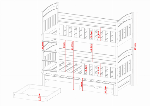 Drveni dječji krevet na kat Viki s tri kreveta i ladicom, 160 x 80 cm, grafit