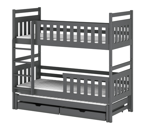 Drveni dječji krevet na kat Klara s tri kreveta i ladicom, 160 x 80 cm, grafit
