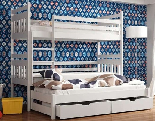 Drveni dječji krevet na kat Seweryn s tri kreveta i ladicom, 180 x 80 cm, bijeli