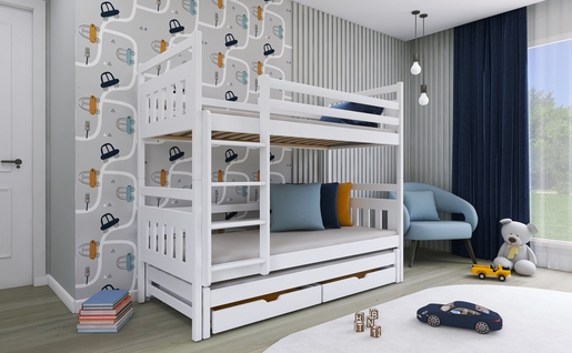 Drveni dječji krevet na kat Seweryn s tri kreveta i ladicom, 180 x 80 cm, bijeli